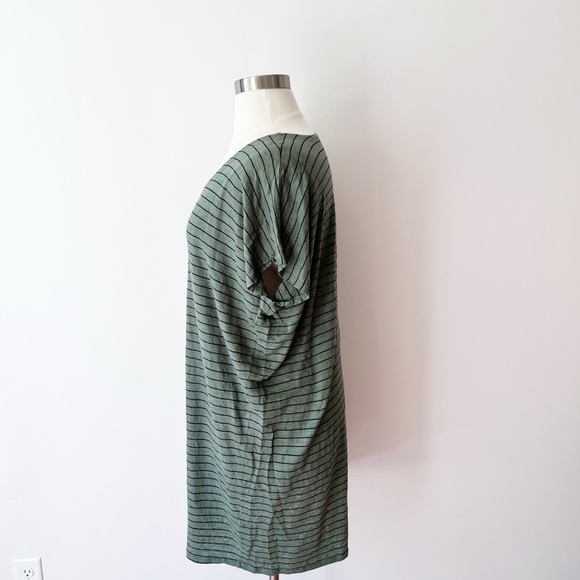 Eileen Fisher Organic Linen Striped V-Neck T-shirt Dress Nori Green, Lagenlook - Picture 2 of 6